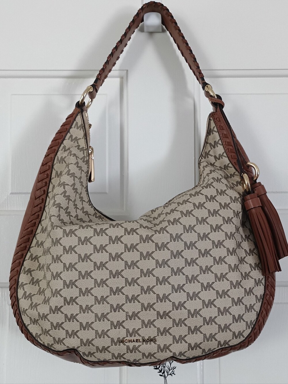 🌟 Michael Kors Lauryn Large Shoulder Hobo Bag Canvas Luggage Brown 30S7GL0L3V”